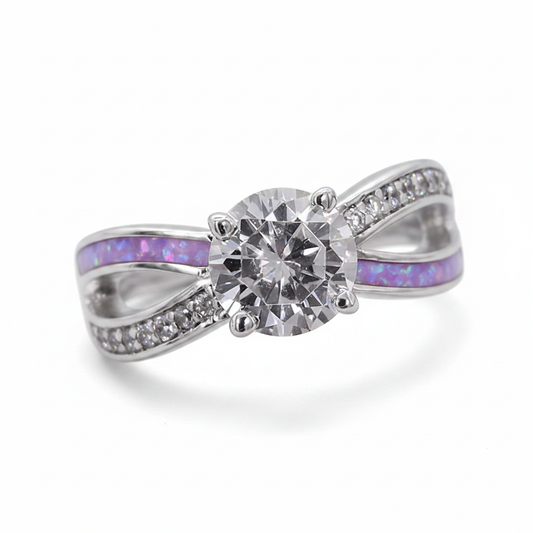 Solitaire CZ infinity 925 silver ring with lavender purple opal resin in channel on white background