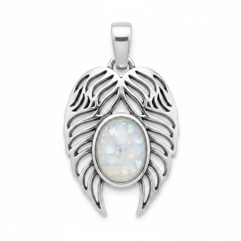 Silver 925 angel wings memorial pendant with white opal and mica, white background