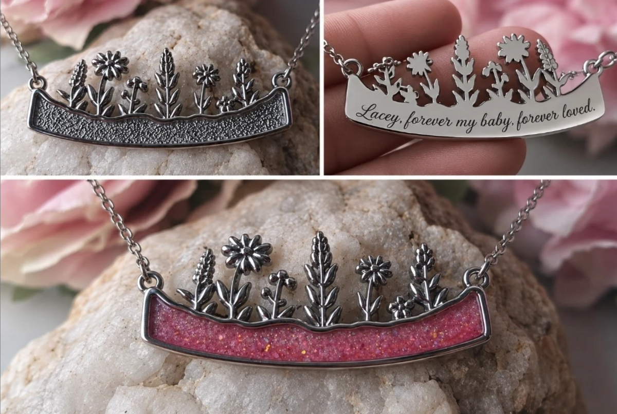 Wildflower memorial pendant shown with engraved back and pink resin inlay options