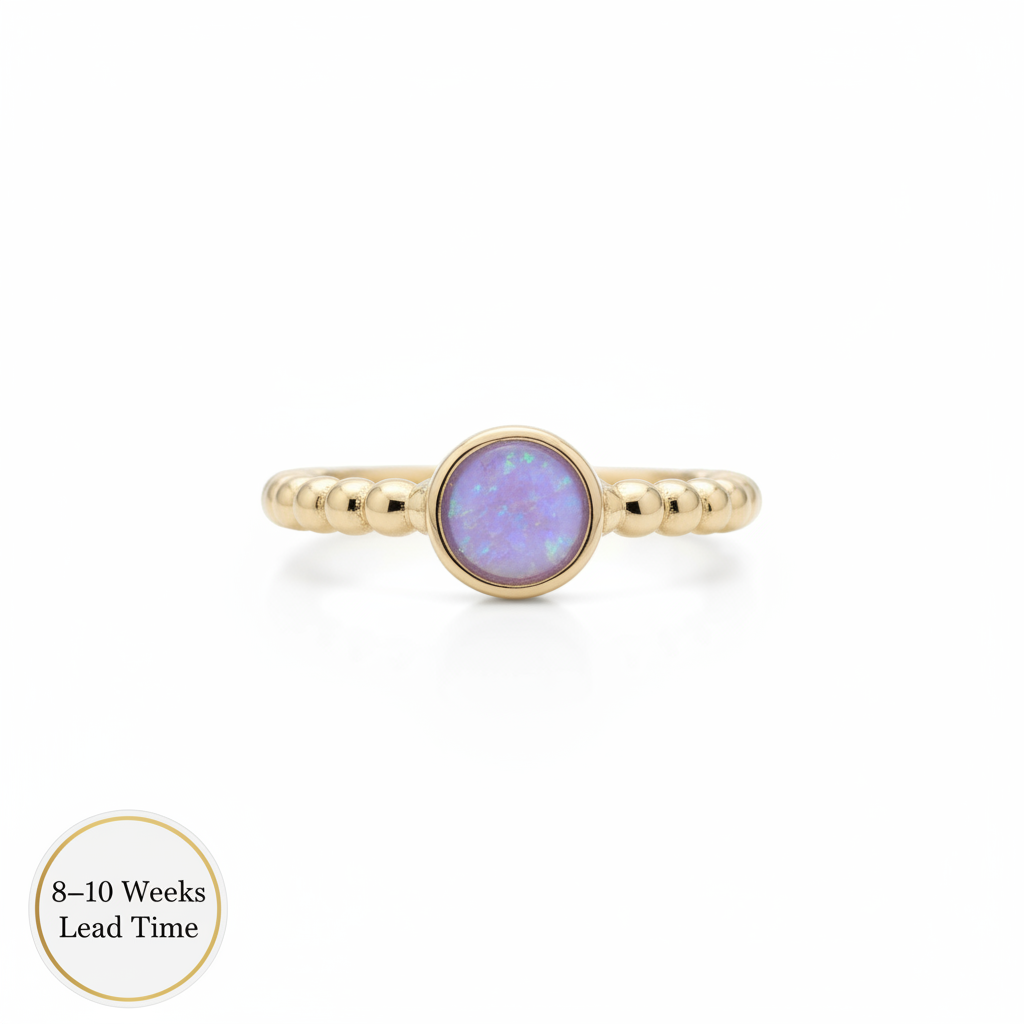 9ct Gold Round Bobble Ring — lavender opal resin in centre bezel, white background