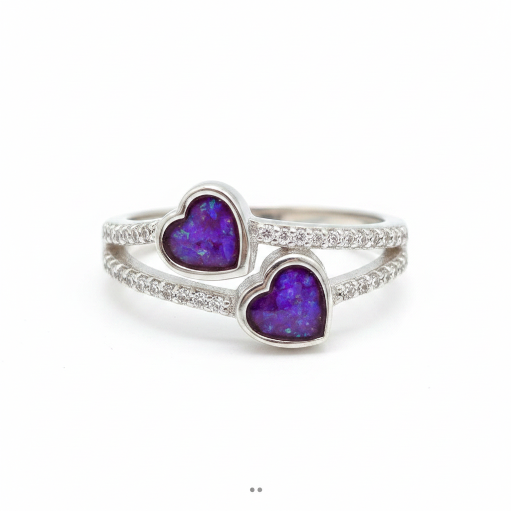 Silver 925 crystal double heart ring with lavender purple opal resin in heart settings on white background