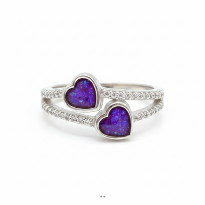 Silver 925 crystal double heart ring with lavender purple opal resin in heart settings on white background