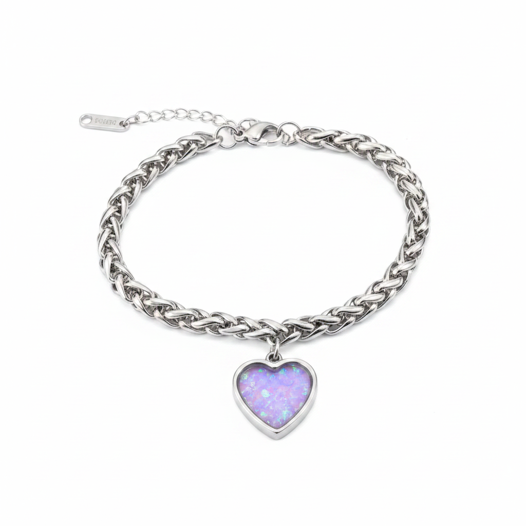 Chunky heart charm memorial bracelet with lavender purple opal resin inclusion - stainless steel wheat chain