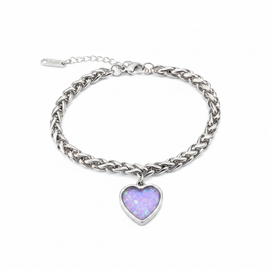 Chunky heart charm memorial bracelet with lavender purple opal resin inclusion - stainless steel wheat chain