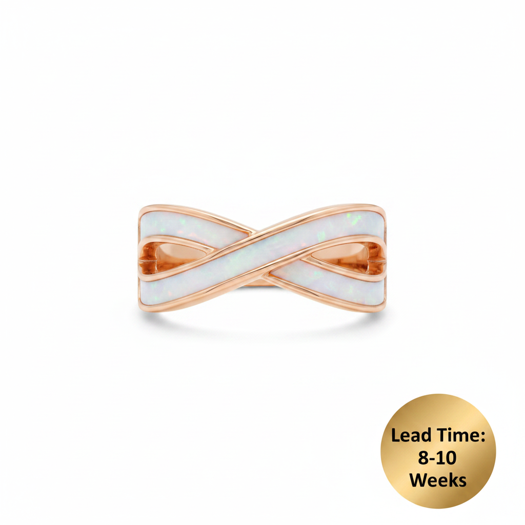 9ct rose gold infinity double channel memorial ring with white pearl opal resin in channels, white background, lead time 8-10 weeks