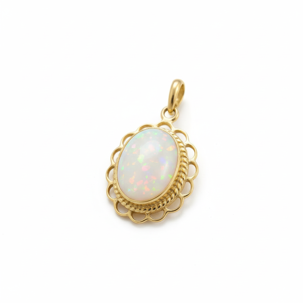 9ct gold ornate filigree oval memorial pendant with white pearl iridescent opal flakes