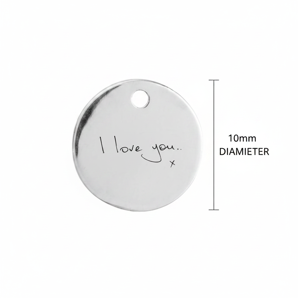 Delicate 10mm recycled sterling silver round tag pendant dimensions guide — Lovely Oxford
