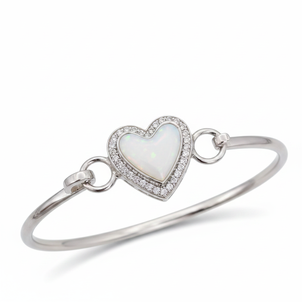 Heart CZ hook clasp silver bangle with white pearl opal resin in heart bezel, white background