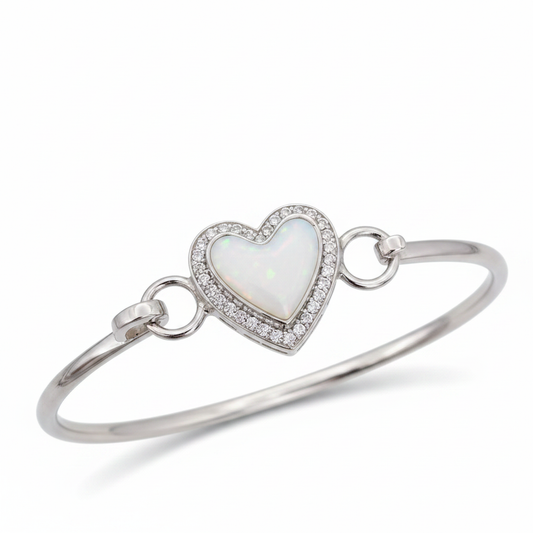 Heart CZ hook clasp silver bangle with white pearl opal resin in heart bezel, white background