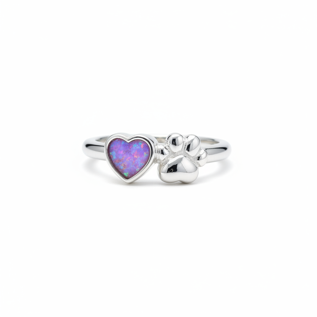 925 sterling silver paw and heart memorial ring with lavender purple opal flakes in heart bezel