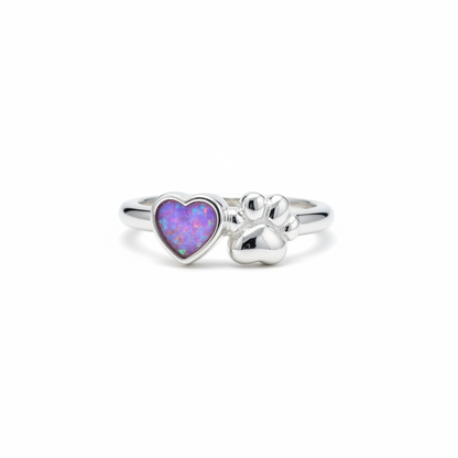 925 sterling silver paw and heart memorial ring with lavender purple opal flakes in heart bezel