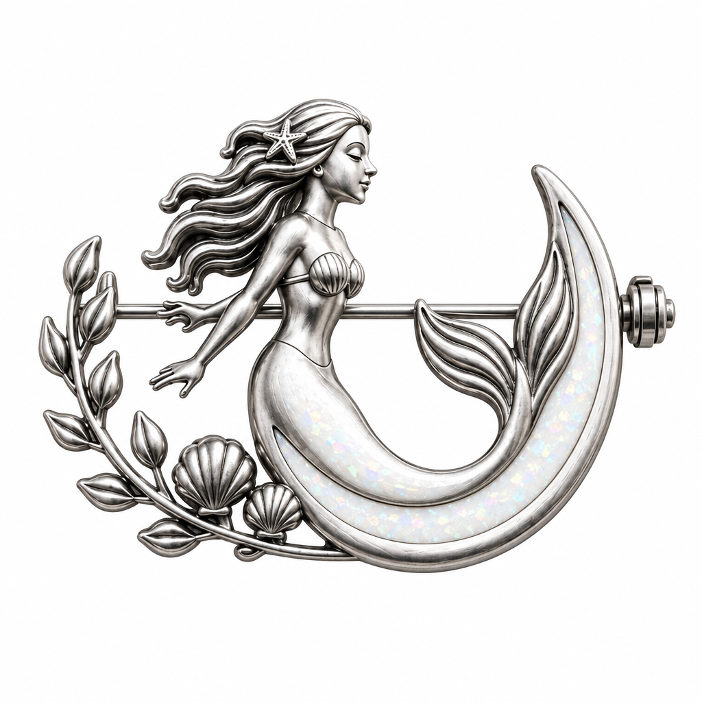 Mermaid memorial brooch with white pearl opal resin