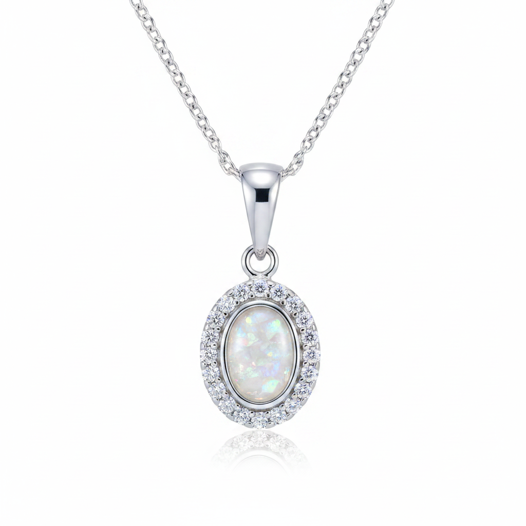 Oval CZ Halo Pendant Necklace 925 Sterling Silver with white pearl opal flake inclusion