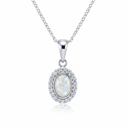 Oval CZ Halo Pendant Necklace 925 Sterling Silver with white pearl opal flake inclusion