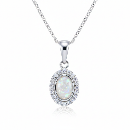 Oval CZ Halo Pendant Necklace 925 Sterling Silver with white pearl opal flake inclusion