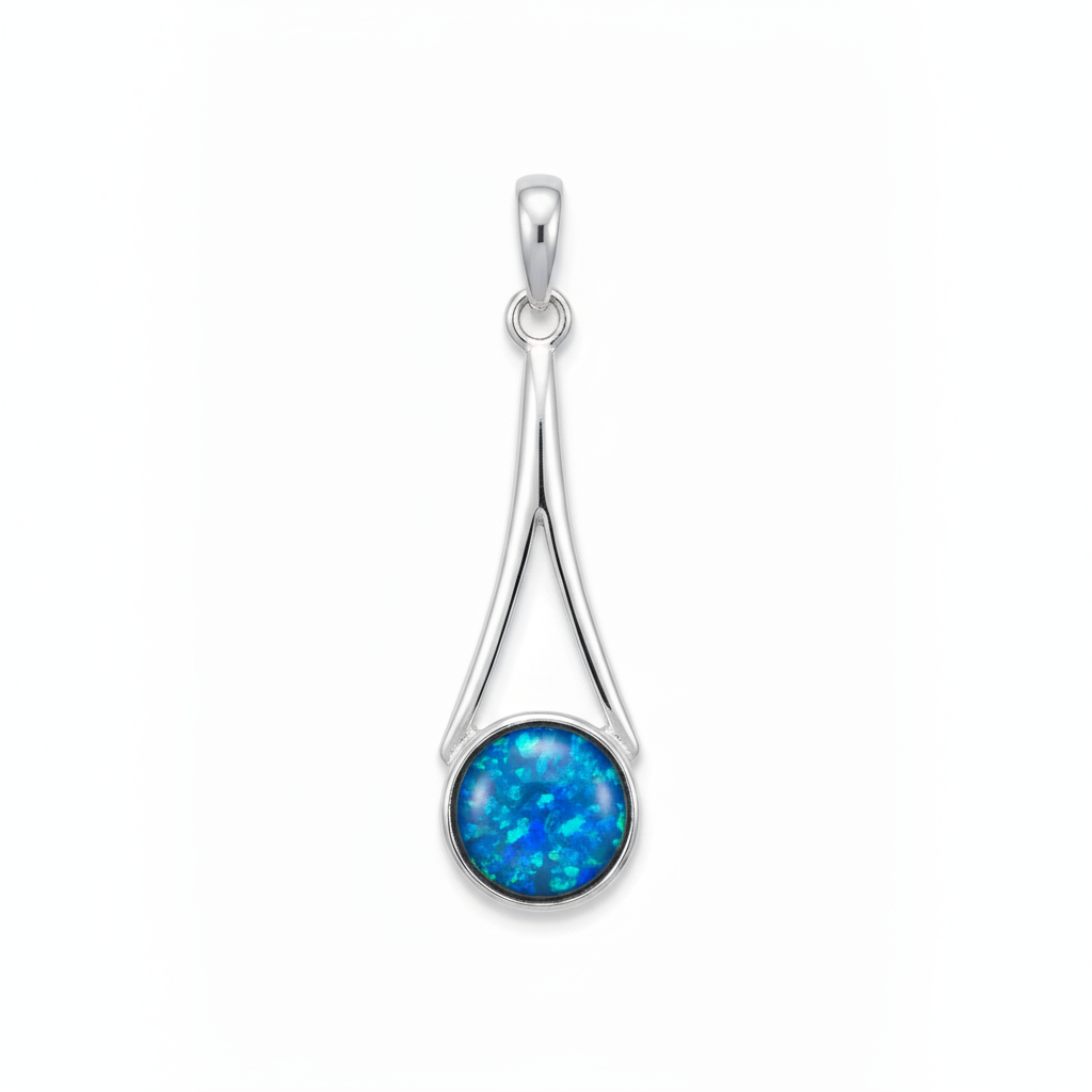 Silver 925 wishbone drop memorial pendant with blue opal flakes, white background