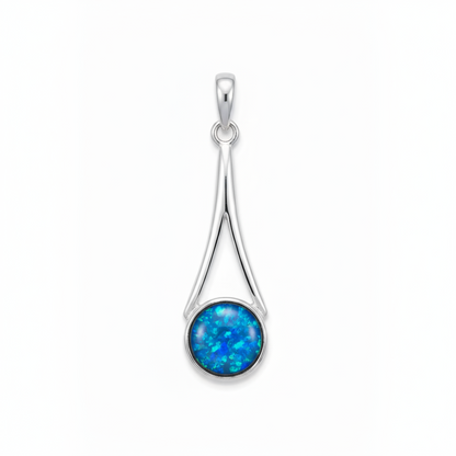 Silver 925 wishbone drop memorial pendant with blue opal flakes, white background