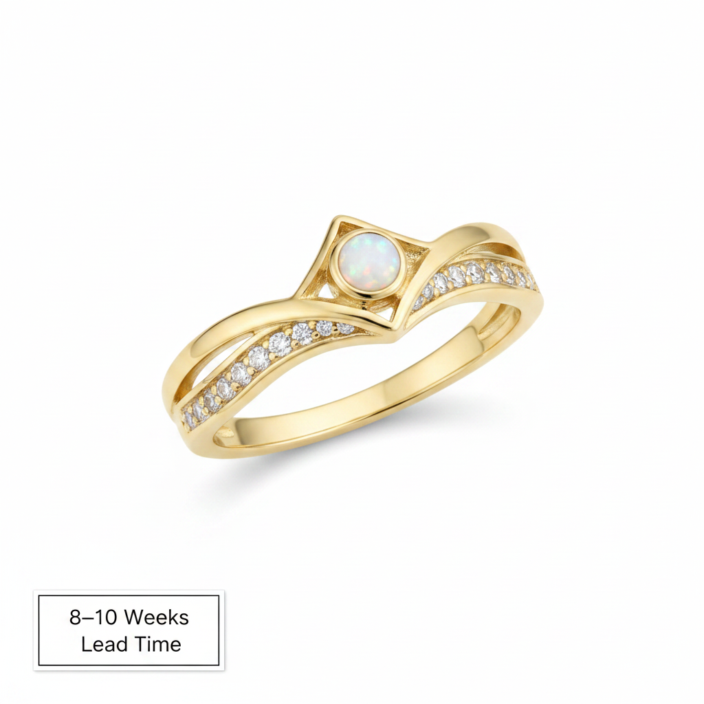 9ct Gold Inverted Wishbone CZ Ring — white pearl opal resin, white background