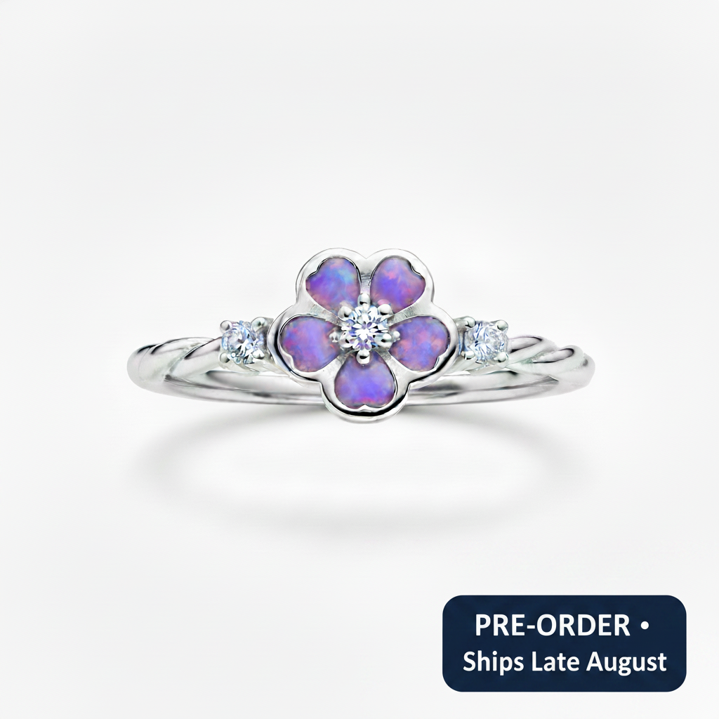Forget-me-not CZ 925 silver ring — lavender purple opal resin, white background