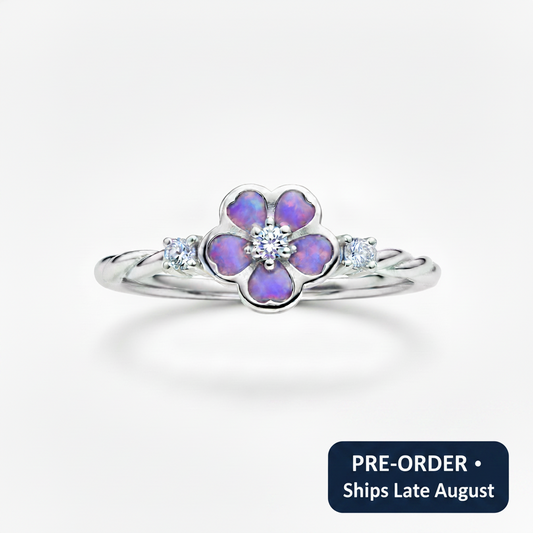 Forget-me-not CZ 925 silver ring — lavender purple opal resin, white background
