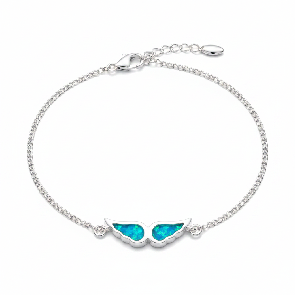 925 sterling silver angel wing memorial bracelet with blue teal opal resin in wing bezels on white background