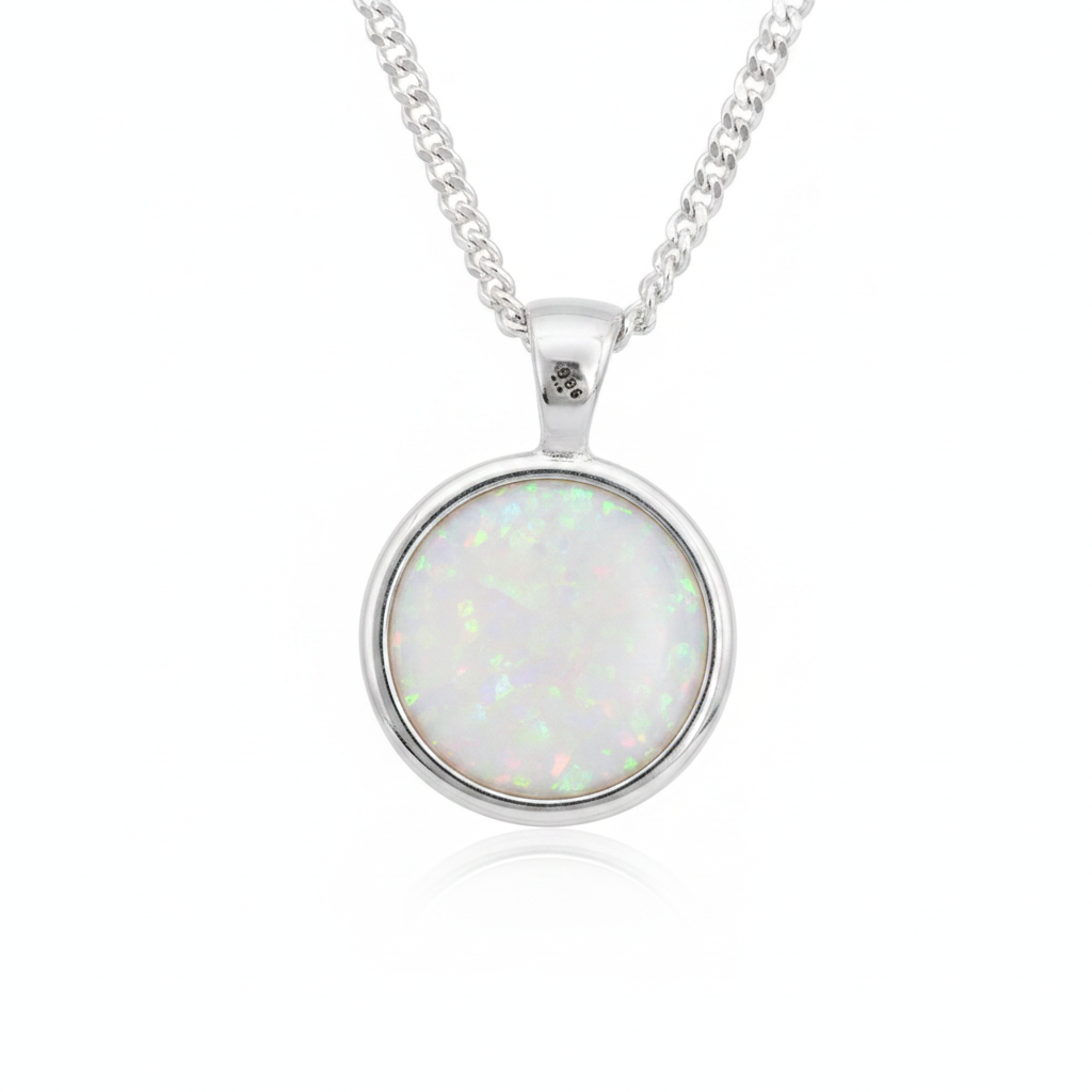 Thick Trim Fixed Bail Round 925 Silver Memorial Pendant with white pearl opal resin — white background