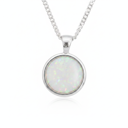 Thick Trim Fixed Bail Round 925 Silver Memorial Pendant with white pearl opal resin — white background