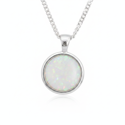 Thick Trim Fixed Bail Round 925 Silver Memorial Pendant with white pearl opal resin — white background