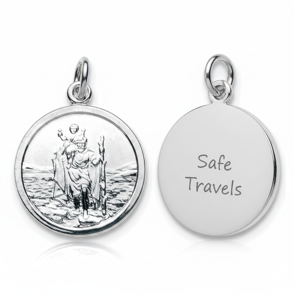 925 sterling silver St Christopher pendant 16mm showing front embossed figure and reverse with Safe Travels handwriting engraving — Lovely Oxford
