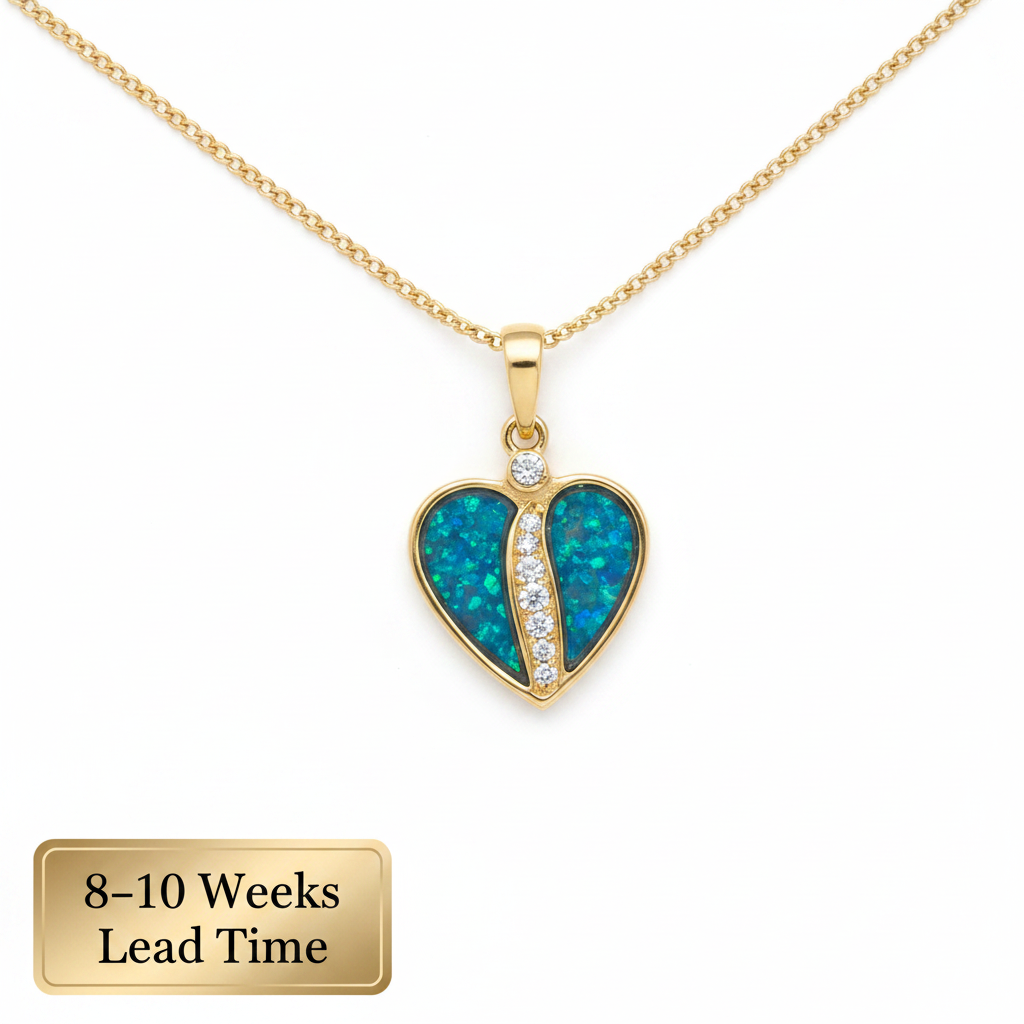 9ct Gold Crystal Divided Heart CZ Pendant — blue teal opal resin with 8-10 weeks lead time sticker