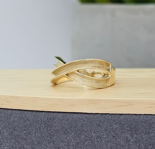 9ct yellow gold plain infinity double channel ring blank, side angle view showing the crossover infinity band design