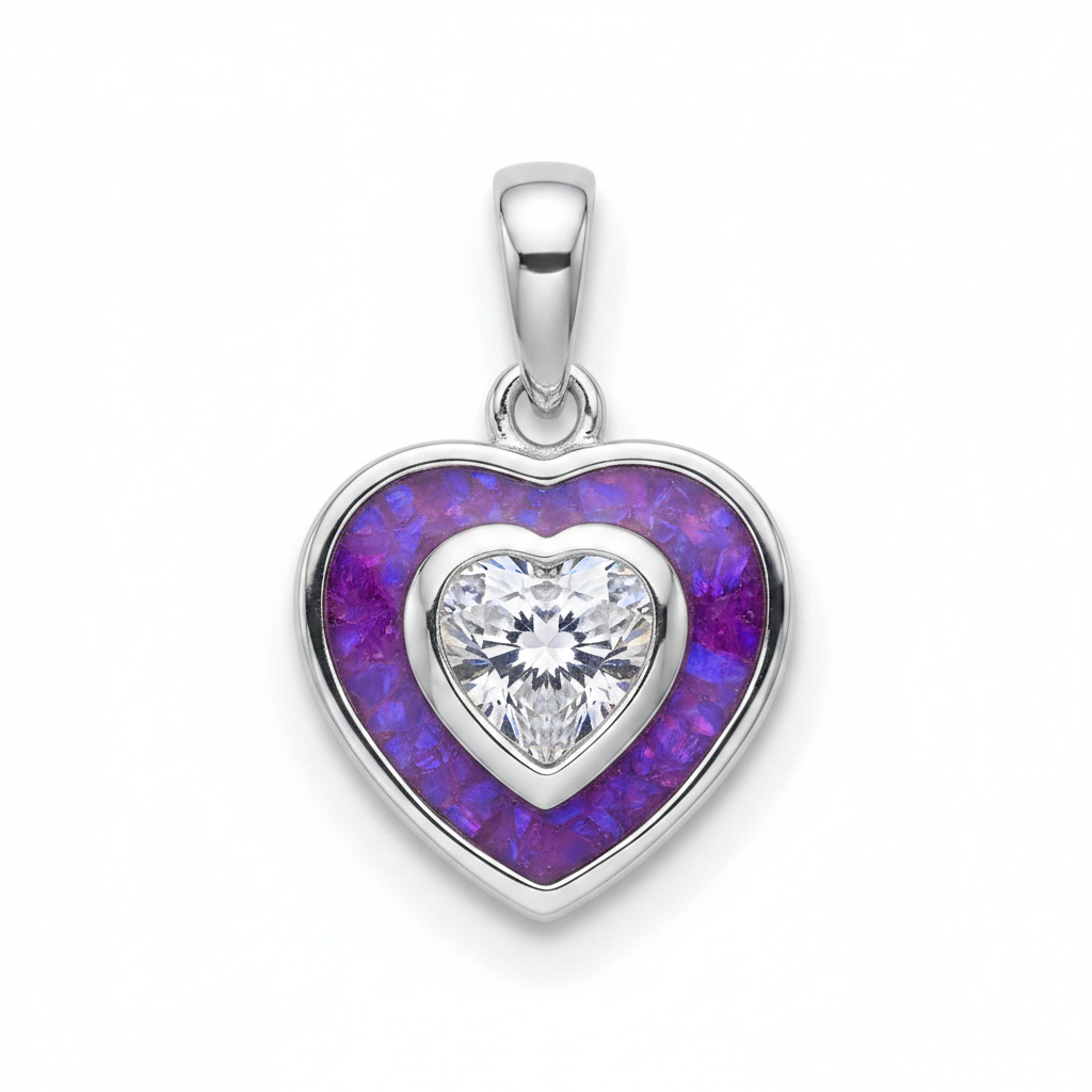 CZ Heart Memorial Pendant | Solid 925 Sterling Silver | Heart CZ Stone & Resin Channel | Ashes, Hair & Fur Keepsake