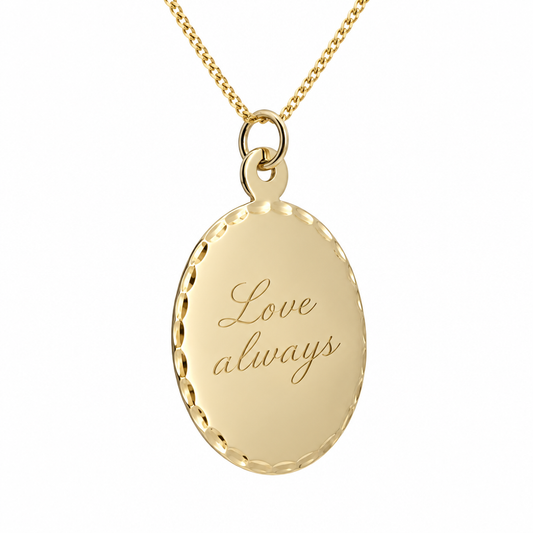 Illustrative handwritten engraving on 9ct gold scalloped oval pendant with gold chain; chain option only