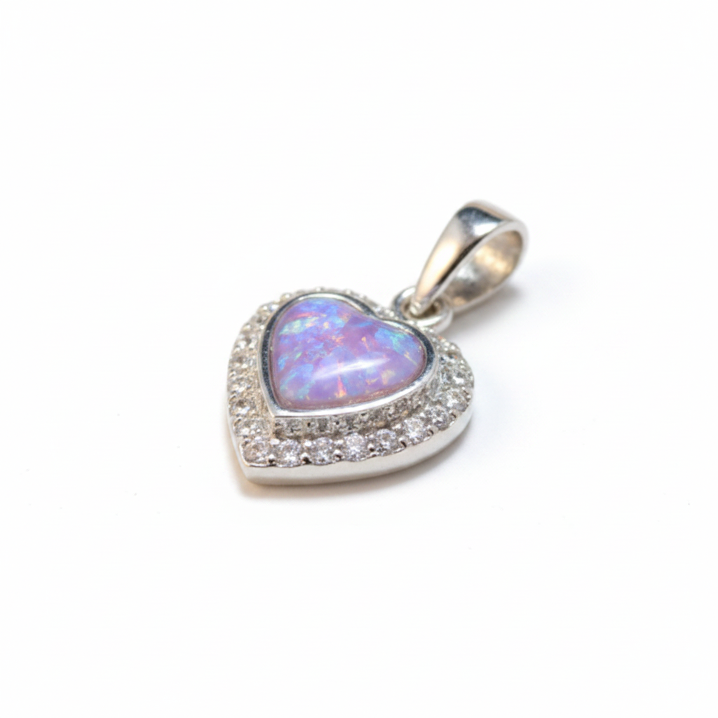 Silver 925 heart memorial pendant with CZ halo — lavender purple opal flakes inclusion