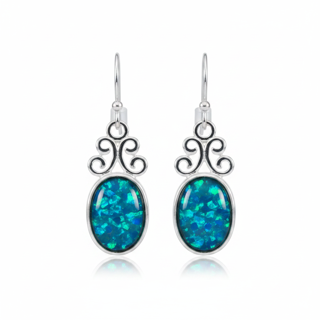 Silver 925 filigree scroll drop earrings - blue teal opal resin