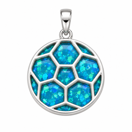 Illustrative sterling silver football memorial pendant with blue teal opal resin