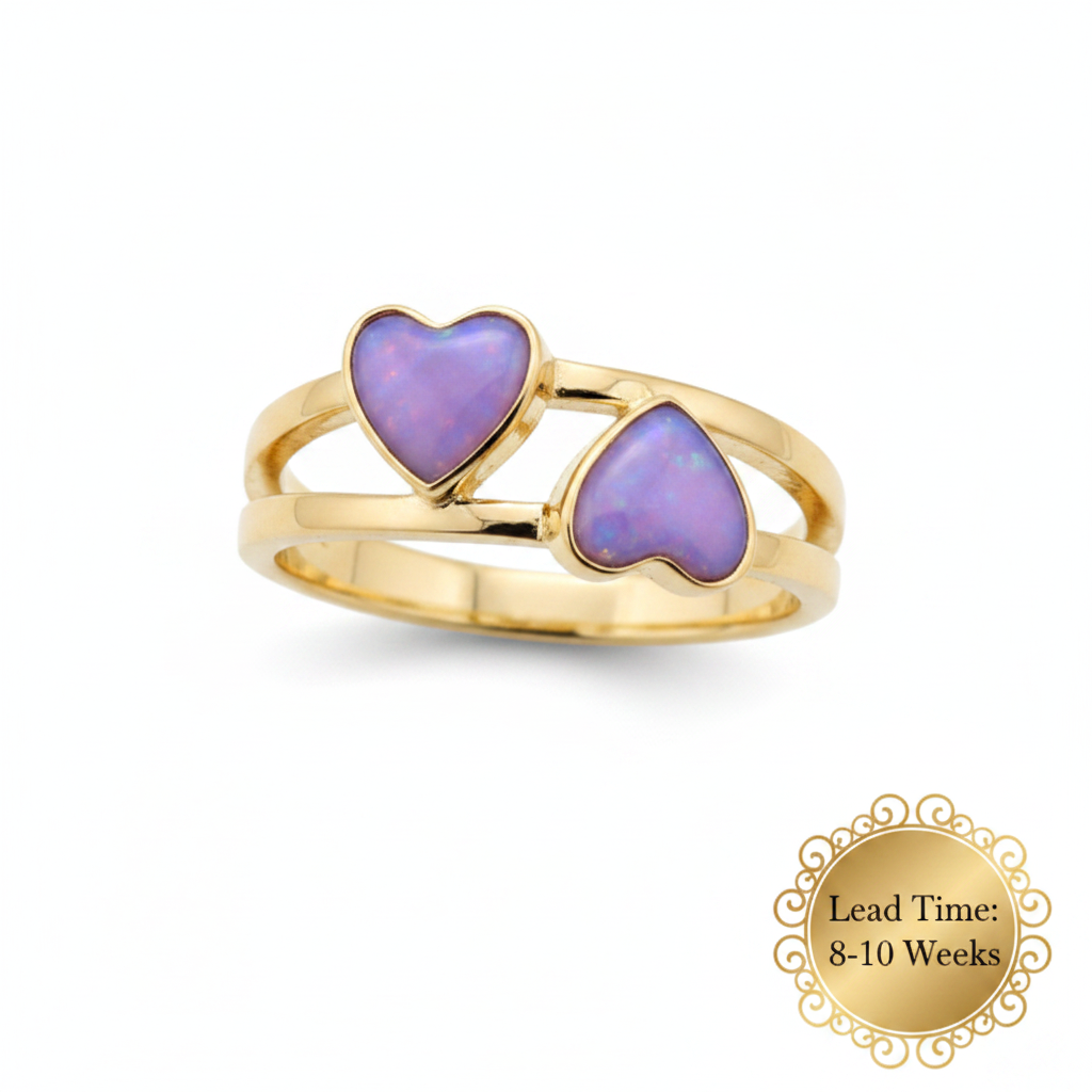 9ct gold double heart duo ring with lavender opal resin in both heart bezels, white background, lead time 8-10 weeks sticker