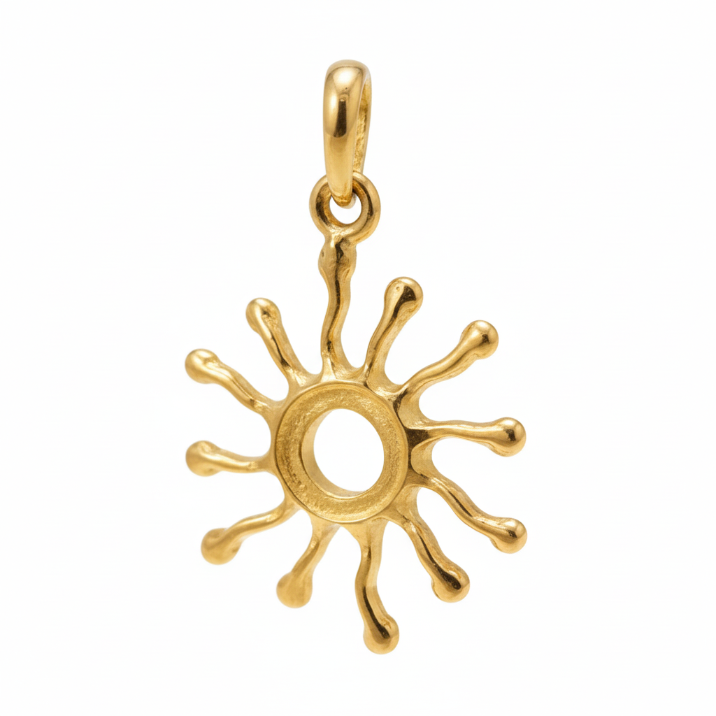Gold sun-shaped pendant on a gold chain against a matching gold background
