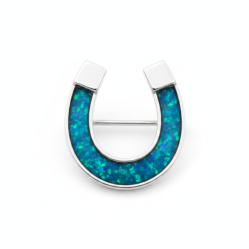 Horse Shoe 925 Silver Stock Pin Brooch – blue teal opal inclusion