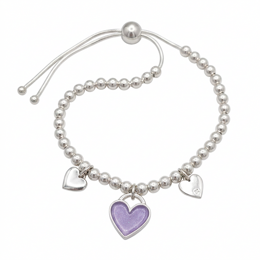 Illustrative triple-heart silver memorial bracelet with lavender opal and mica