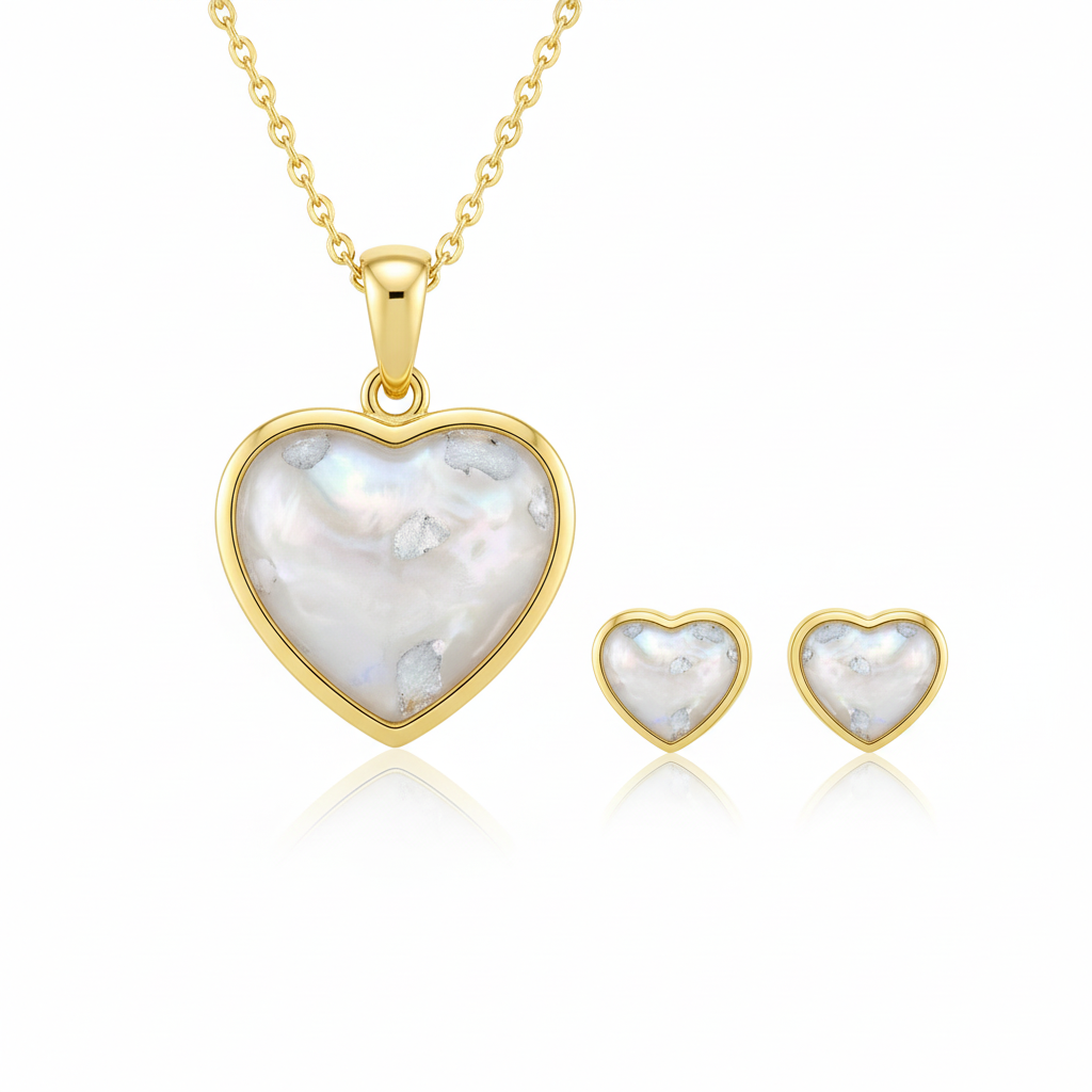 Gold heart memorial set with white pearl mica — pendant and earrings