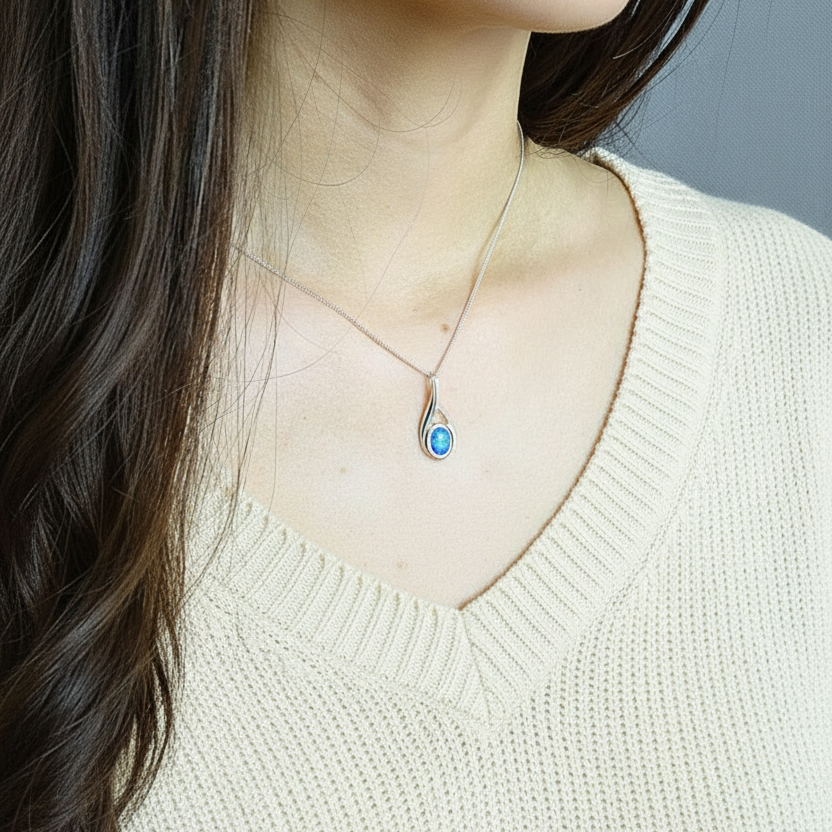 Model wearing silver 925 fluid twist teardrop memorial pendant at true 29x11mm scale