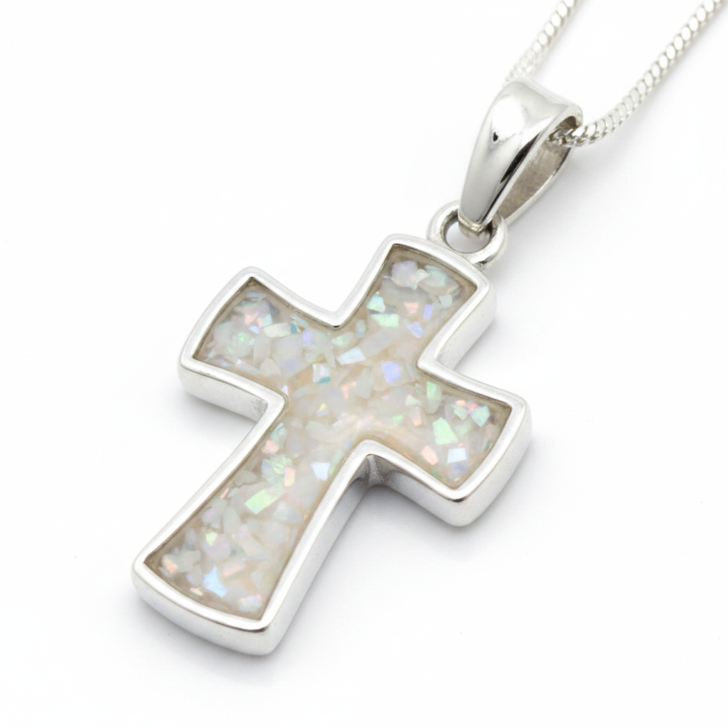 Silver 925 solid back cross memorial pendant — white pearl opal flakes resin filling full cross interior setting