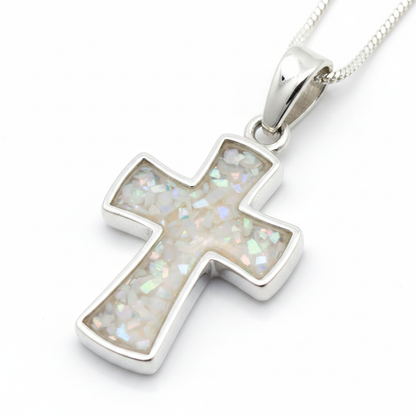 Silver 925 solid back cross memorial pendant — white pearl opal flakes resin filling full cross interior setting