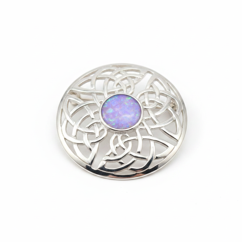 Silver 925 Celtic knot round brooch with lavender purple opal resin in 8mm central setting on white background