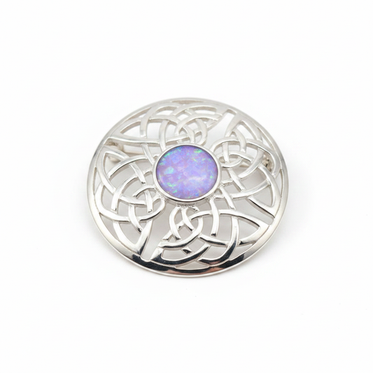 Silver 925 Celtic knot round brooch with lavender purple opal resin in 8mm central setting on white background