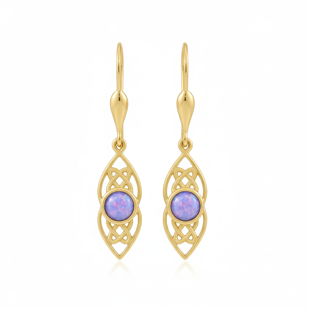 9ct gold Celtic knotwork drop earrings with lavender iridescent opal flakes – white background
