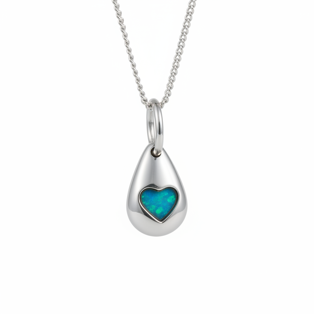 3D Pebble Solid Heart 925 Silver Memorial Pendant with blue teal opal resin in heart bezel — white background