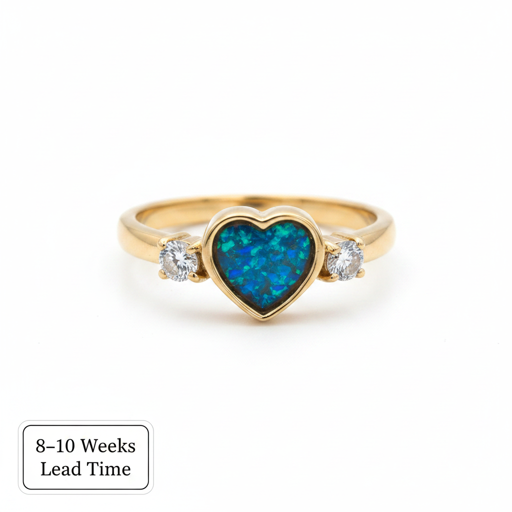 9ct Gold CZ Heart Double Gem Bezel Ring — blue teal opal resin in heart bezel, white background