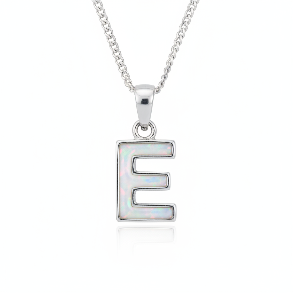 Initial Letter Mini 925 Silver Memorial Pendant with white pearl opal resin inside letter — white background